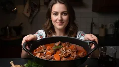 Žena drží hrnec s domácím gulášem plným masa, brambor a zeleniny v kuchyni.