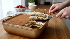 Domácí tiramisu v skleněném pekáči, porcování dezertu na dřevěném stole.