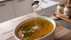 Dochucování horkého domácího vývaru solí v bílé misce na kuchyňské lince.