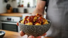 Miska s karbanátky nebo nuggets s omáčkou v kuchyni, podávané k jídlu.