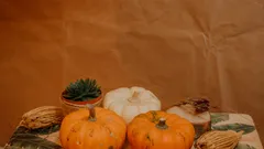Skupina dýní na stole na podzimní dekoraci