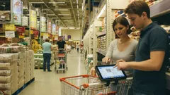 Pár nakupuje v supermarketu s tabletem v nákupním košíku.