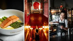 Restaurace: losos na chřestu, stylový interiér, barmanka připravuje koktejl