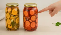 Nakládaná zelenina ve sklenicích na stole, ukazující ruka a petržel vedle.